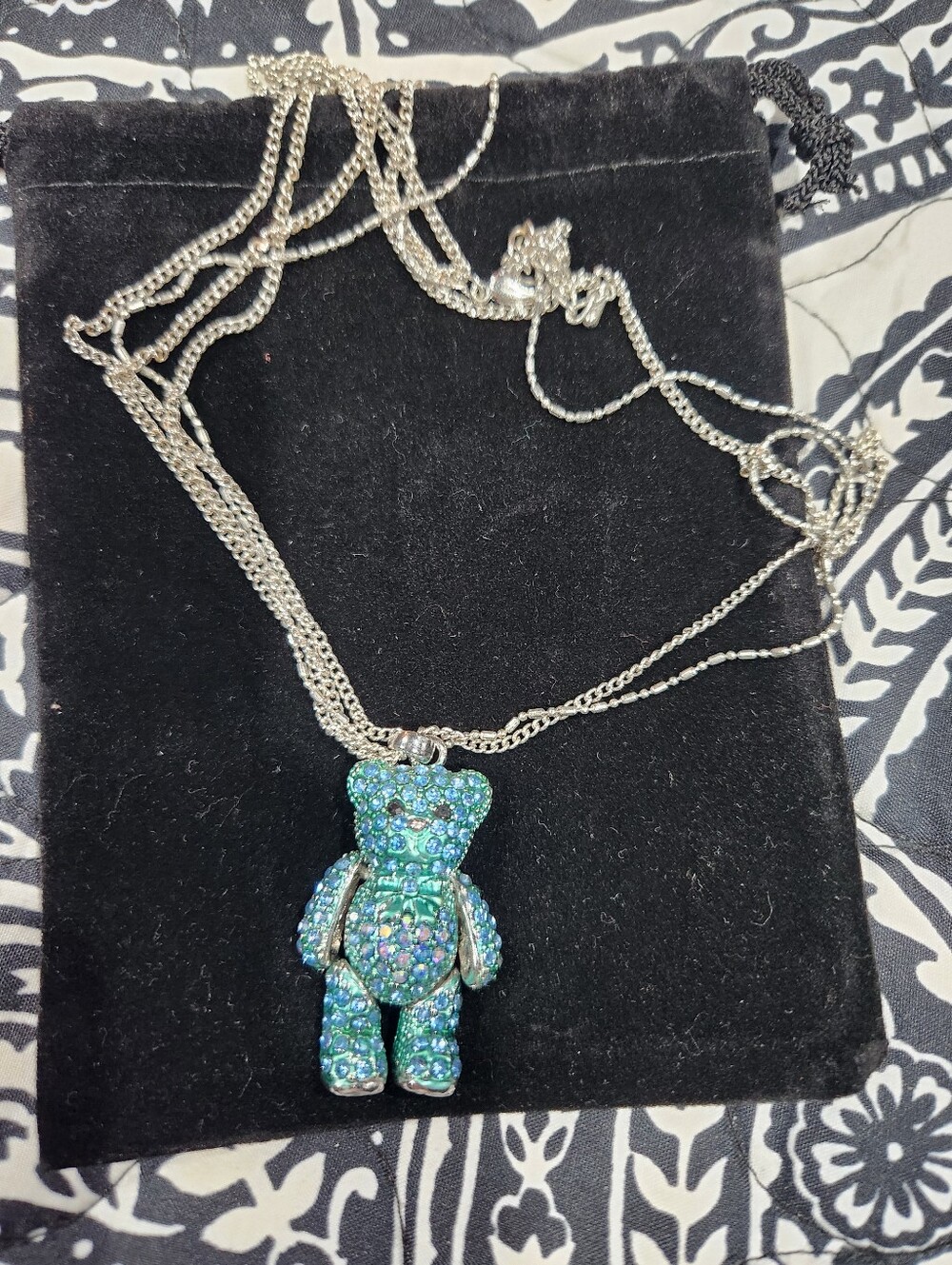 Off Park Sparkling Blue Green Teddy Bear Pendant Necklace - Women Jewelry